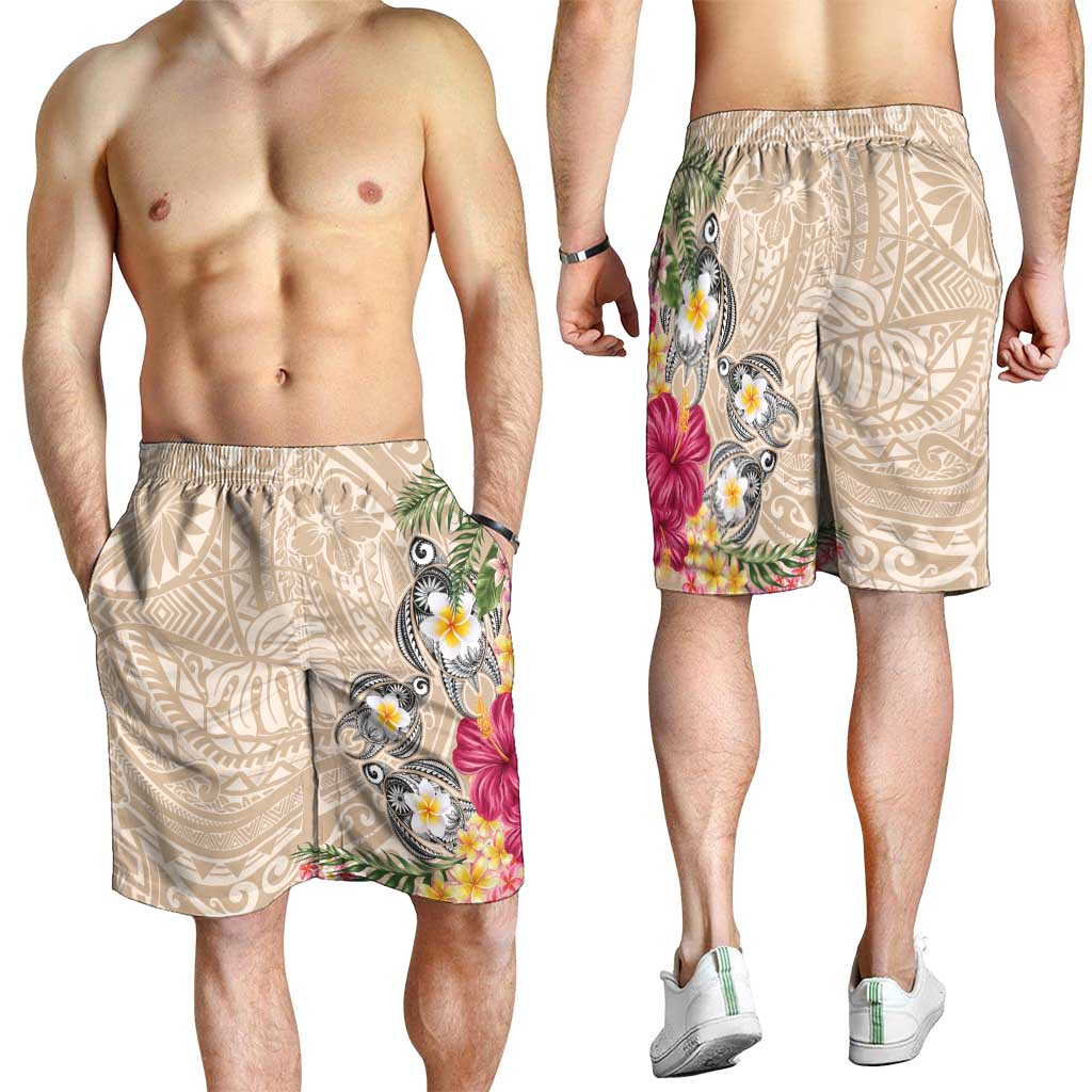 Hawaiian Tropical Flowers and Tribal Turtles Shorts for Men Polynesian Art Motifs Beige Color - Polynesian Pride