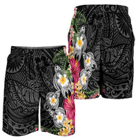 Hawaiian Tropical Flowers and Tribal Turtles Shorts for Men Polynesian Art Motifs Black Color - Polynesian Pride