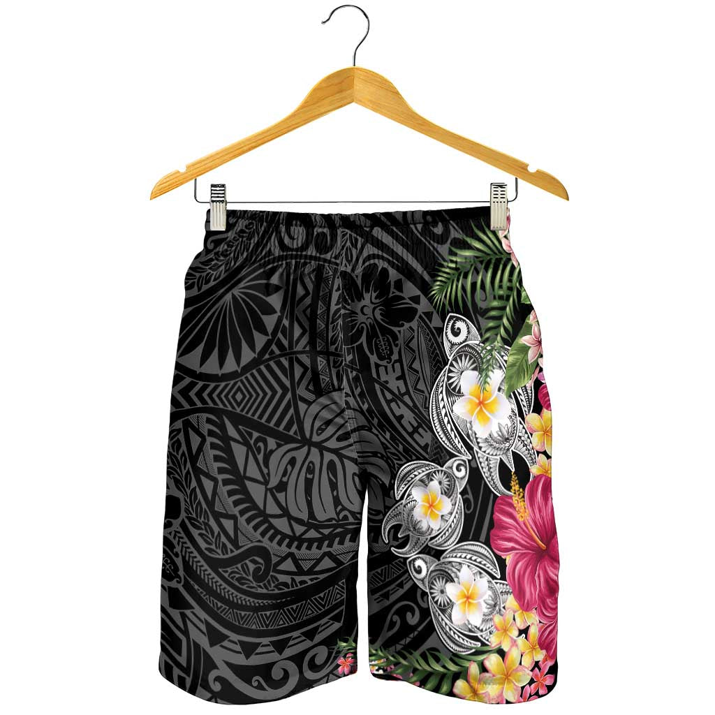 Hawaiian Tropical Flowers and Tribal Turtles Shorts for Men Polynesian Art Motifs Black Color - Polynesian Pride