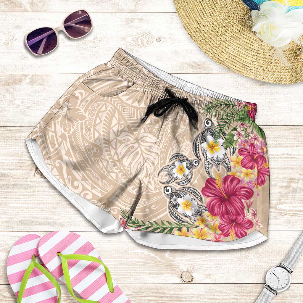 Hawaiian Tropical Flowers and Tribal Turtles Shorts for Women Polynesian Art Motifs Beige Color - Polynesian Pride