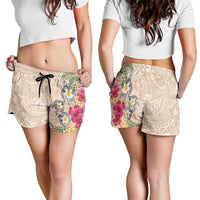 Hawaiian Tropical Flowers and Tribal Turtles Shorts for Women Polynesian Art Motifs Beige Color - Polynesian Pride