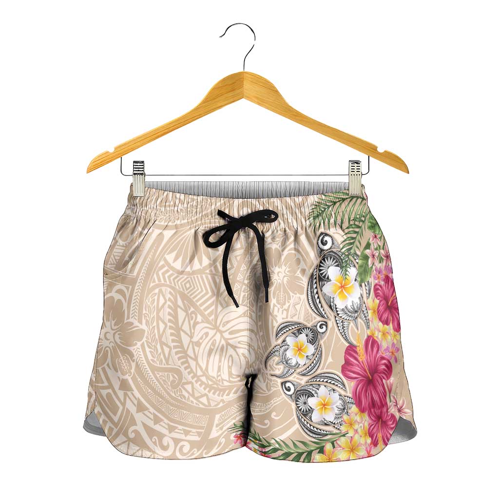 Hawaiian Tropical Flowers and Tribal Turtles Shorts for Women Polynesian Art Motifs Beige Color - Polynesian Pride
