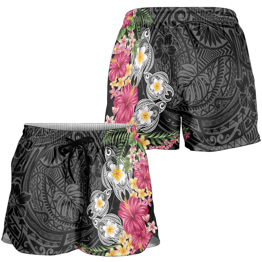Hawaiian Tropical Flowers and Tribal Turtles Shorts for Women Polynesian Art Motifs Black Color - Polynesian Pride