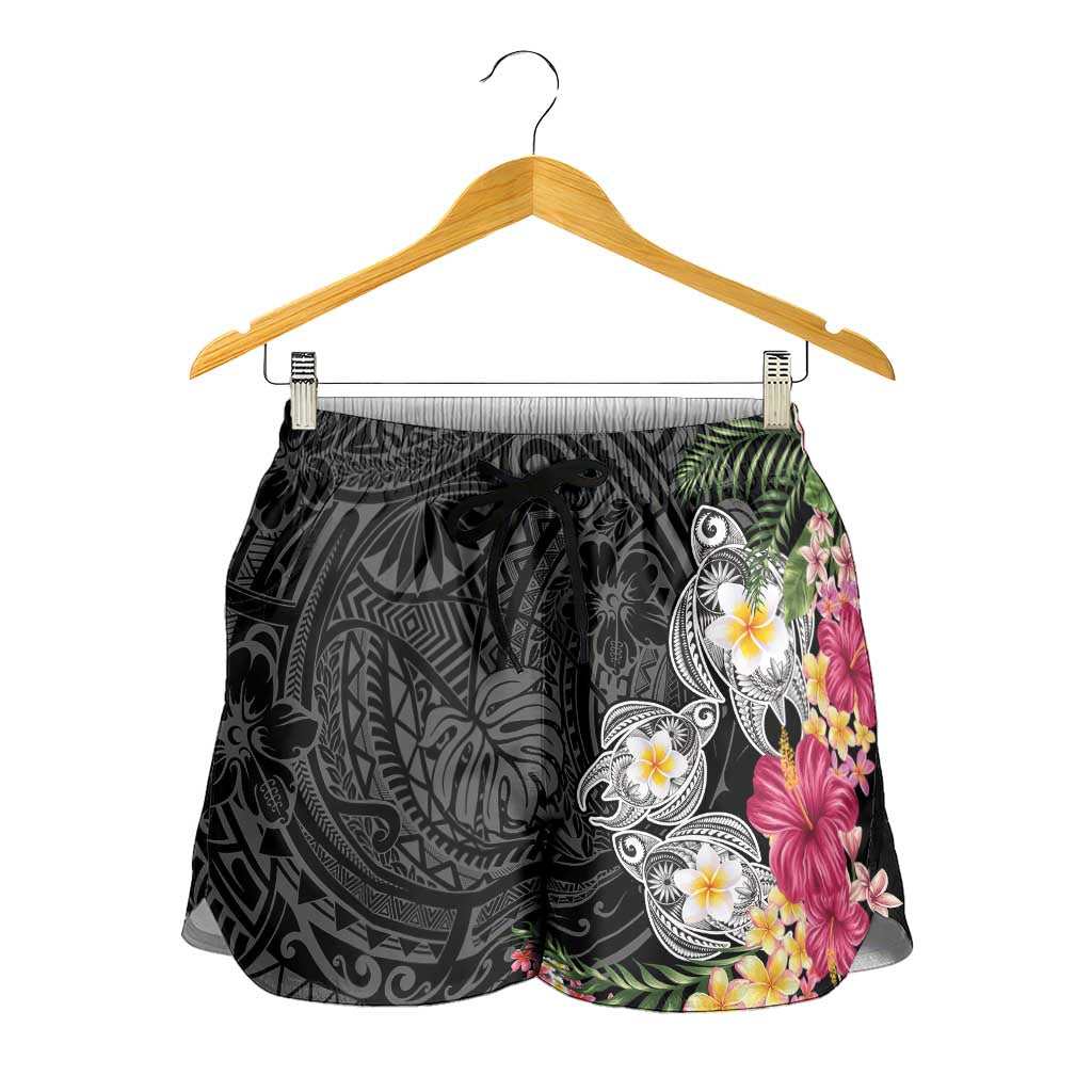 Hawaiian Tropical Flowers and Tribal Turtles Shorts for Women Polynesian Art Motifs Black Color - Polynesian Pride
