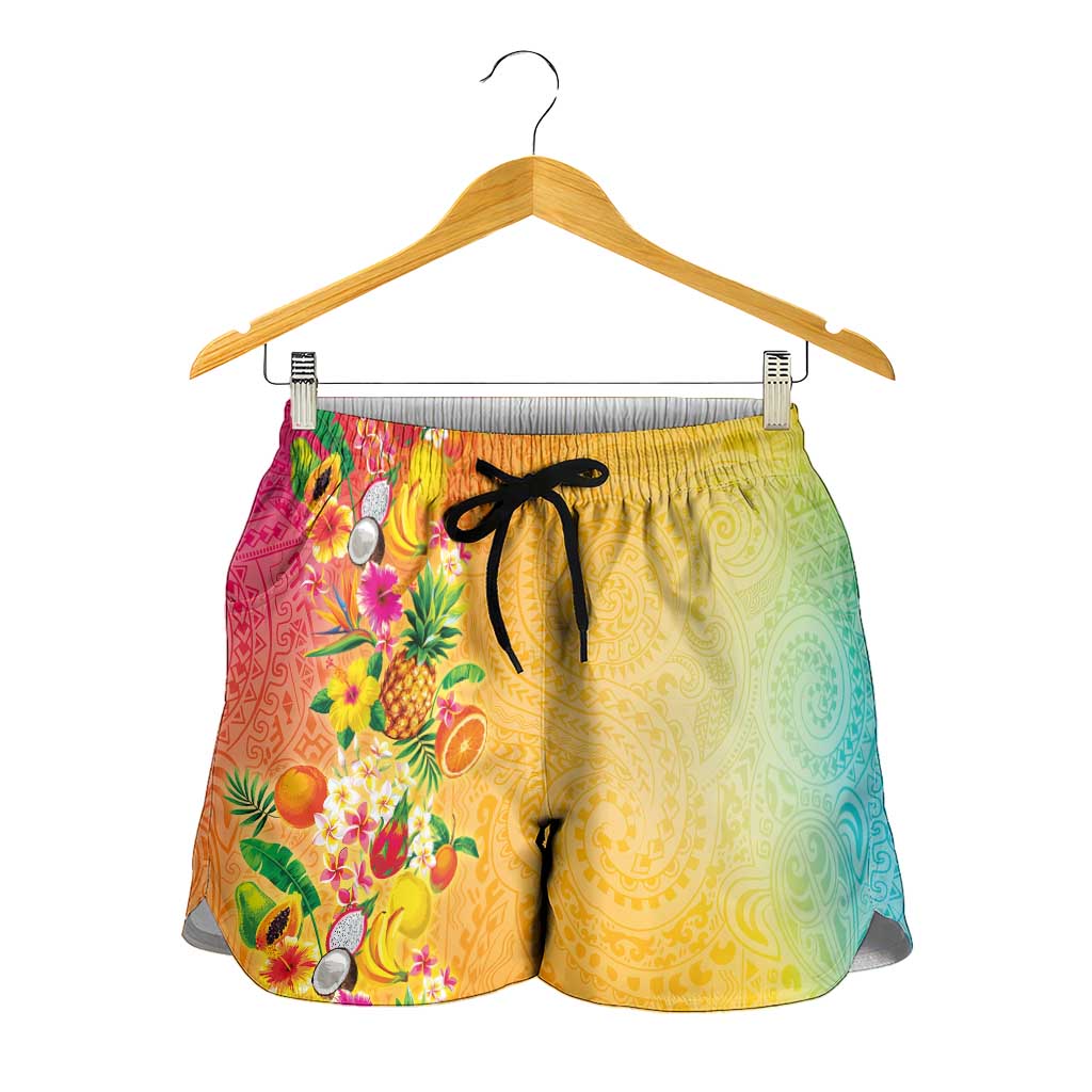 Hawaiian Tropical Fruits and Plants Shorts for Women Kakau Pattern Summer Vibe