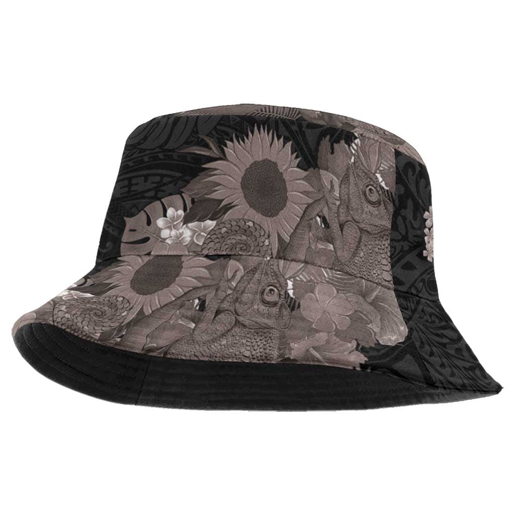 Hawaiian Tropical Plants and Chameleon Bucket Hat Polynesian Art Grayscale LT03