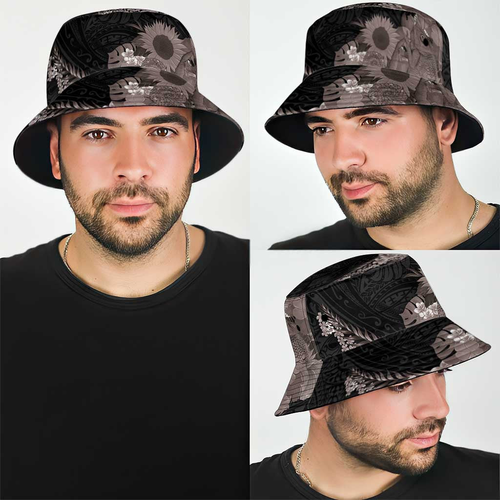 Hawaiian Tropical Plants and Chameleon Bucket Hat Polynesian Art Grayscale LT03