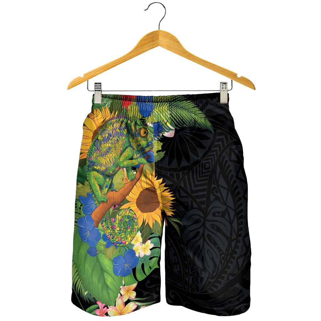 Hawaiian Tropical Plants and Chameleon Shorts for Men Polynesian Art Colorful - Polynesian Pride