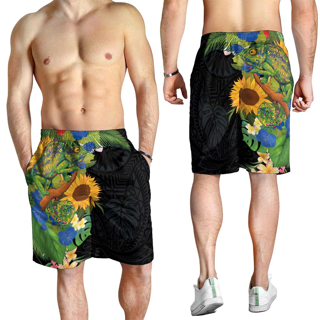 Hawaiian Tropical Plants and Chameleon Shorts for Men Polynesian Art Colorful - Polynesian Pride
