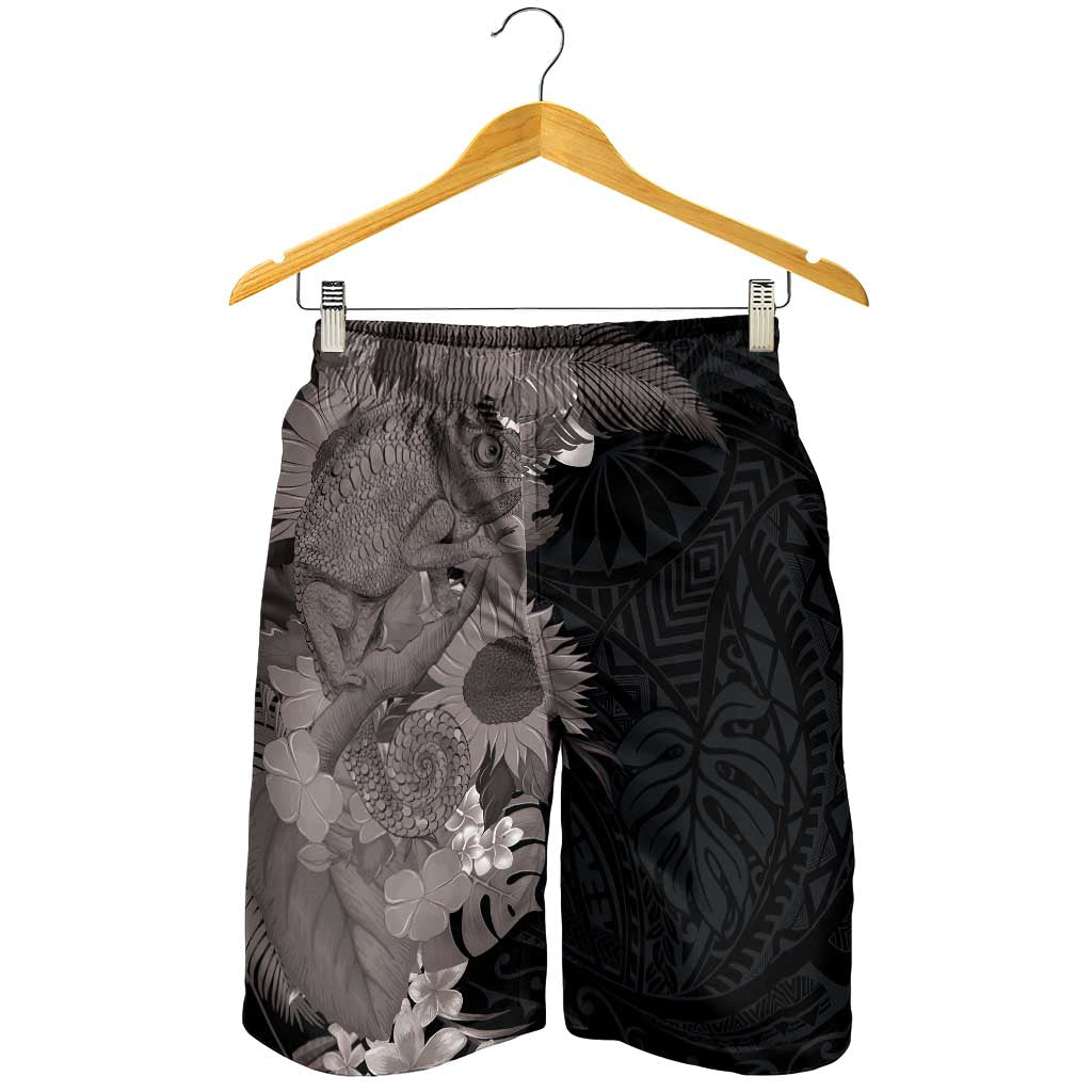 Hawaiian Tropical Plants and Chameleon Shorts for Men Polynesian Art Grayscale - Polynesian Pride