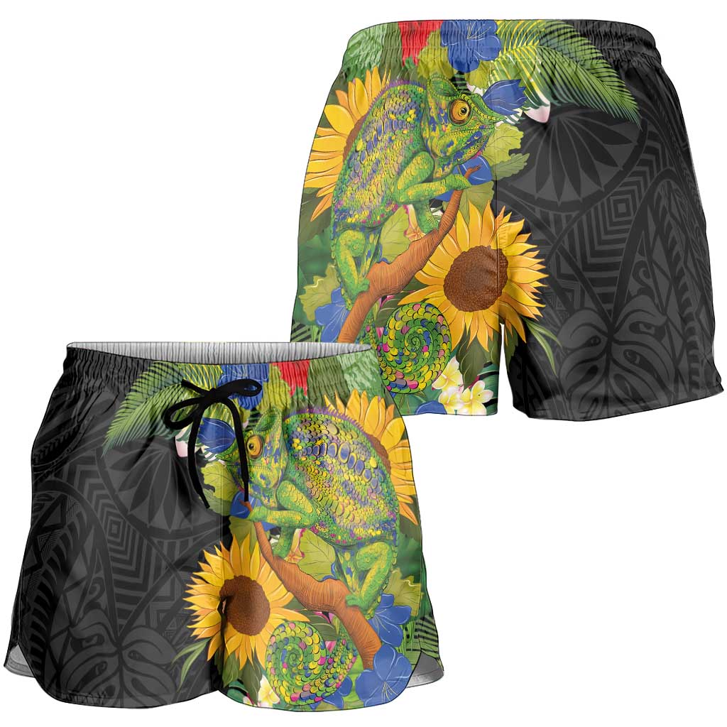 Hawaiian Tropical Plants and Chameleon Shorts for Women Polynesian Art Colorful - Polynesian Pride