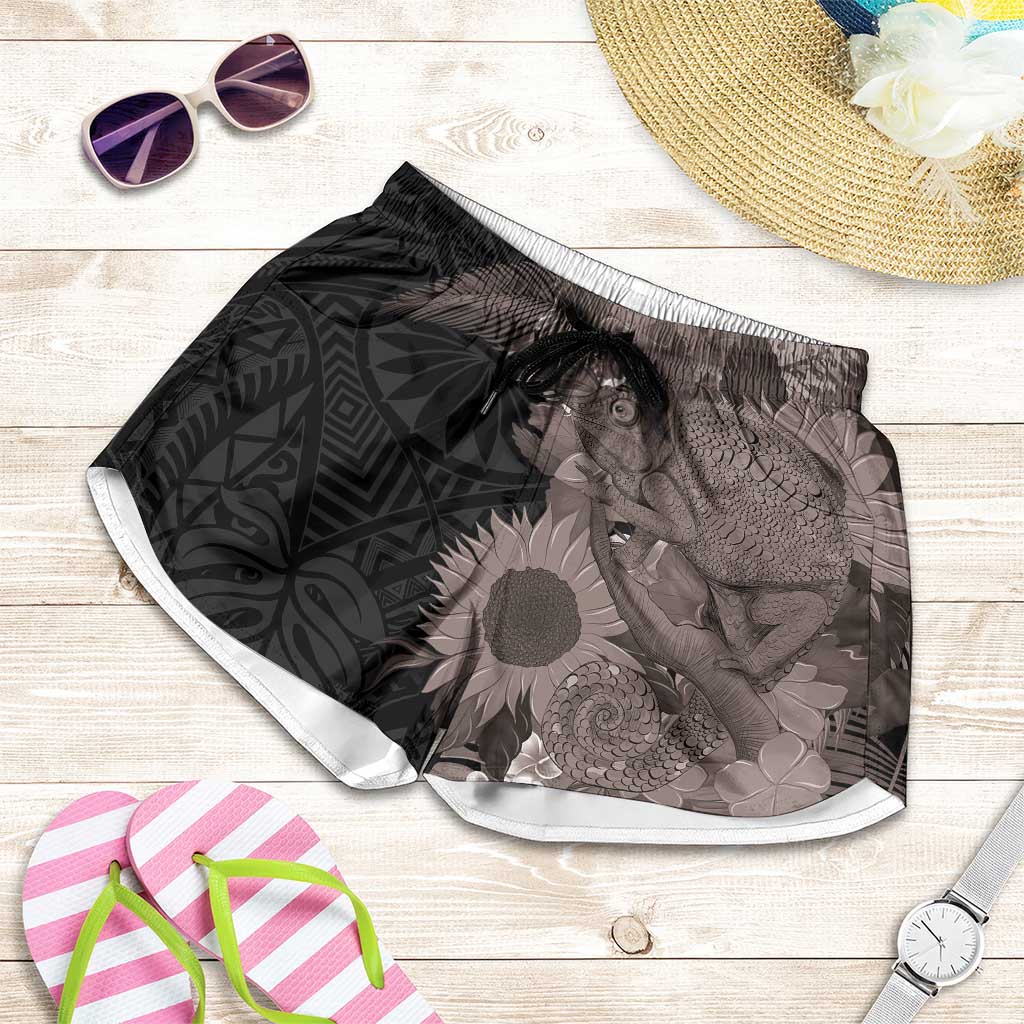 Hawaiian Tropical Plants and Chameleon Shorts for Women Polynesian Art Grayscale - Polynesian Pride