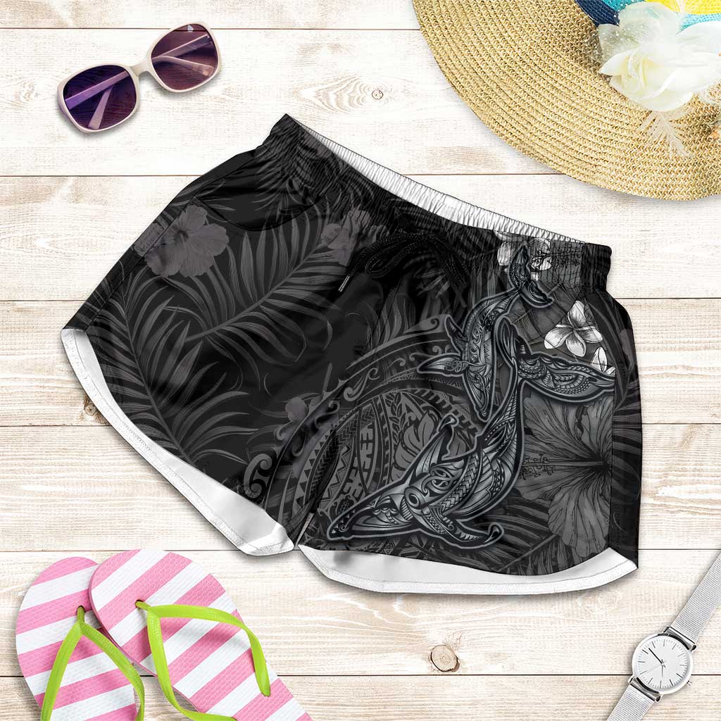 Hawaiian Tropical Plants and Tribal Whales Shorts for Women Polynesian Art Tattoo Grayscale