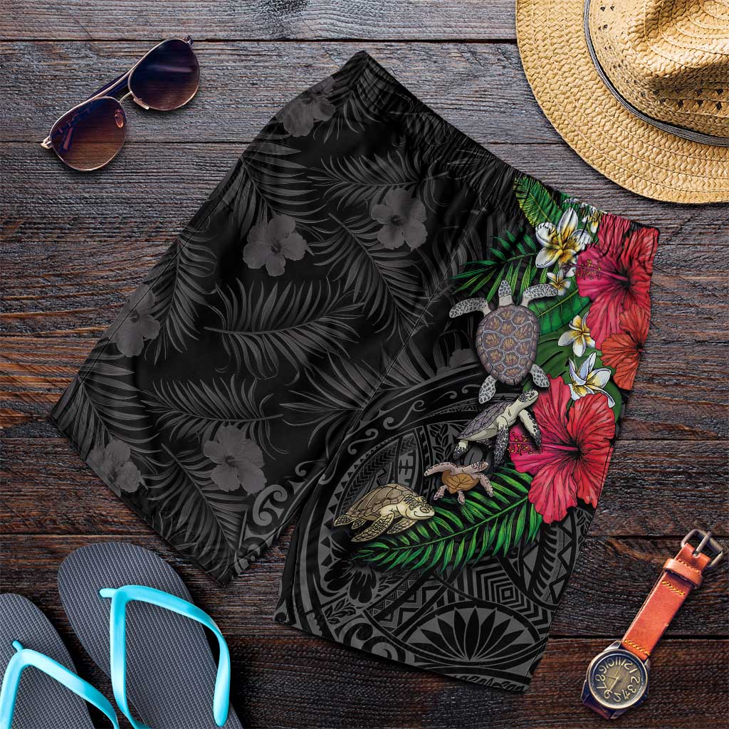 Hawaiian Tropical Plants and Turtles Shorts for Men Polynesian Art Motifs