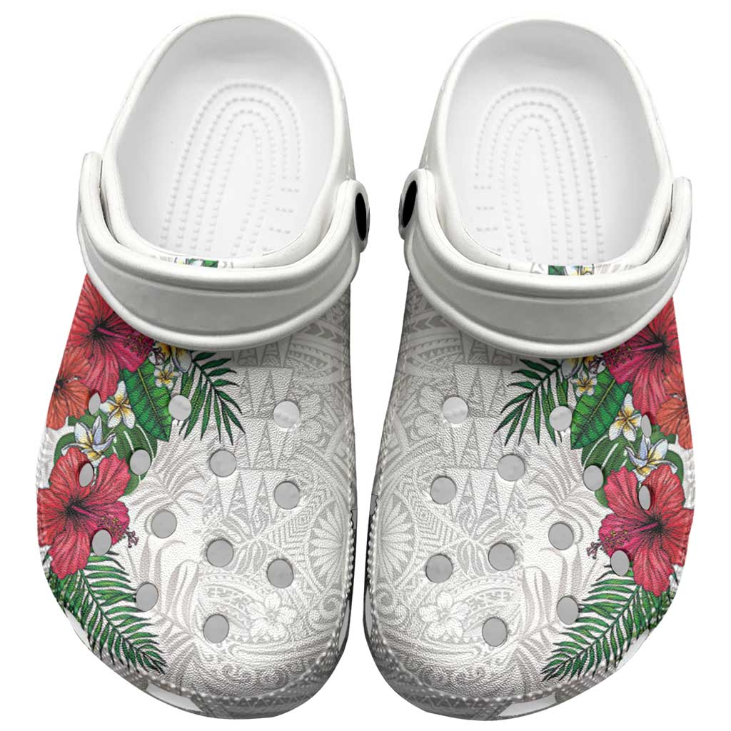 Hawaiian Tropical Plants Clogs Shoes Kakau Tattoo and Polynesian Pattern Half Black White