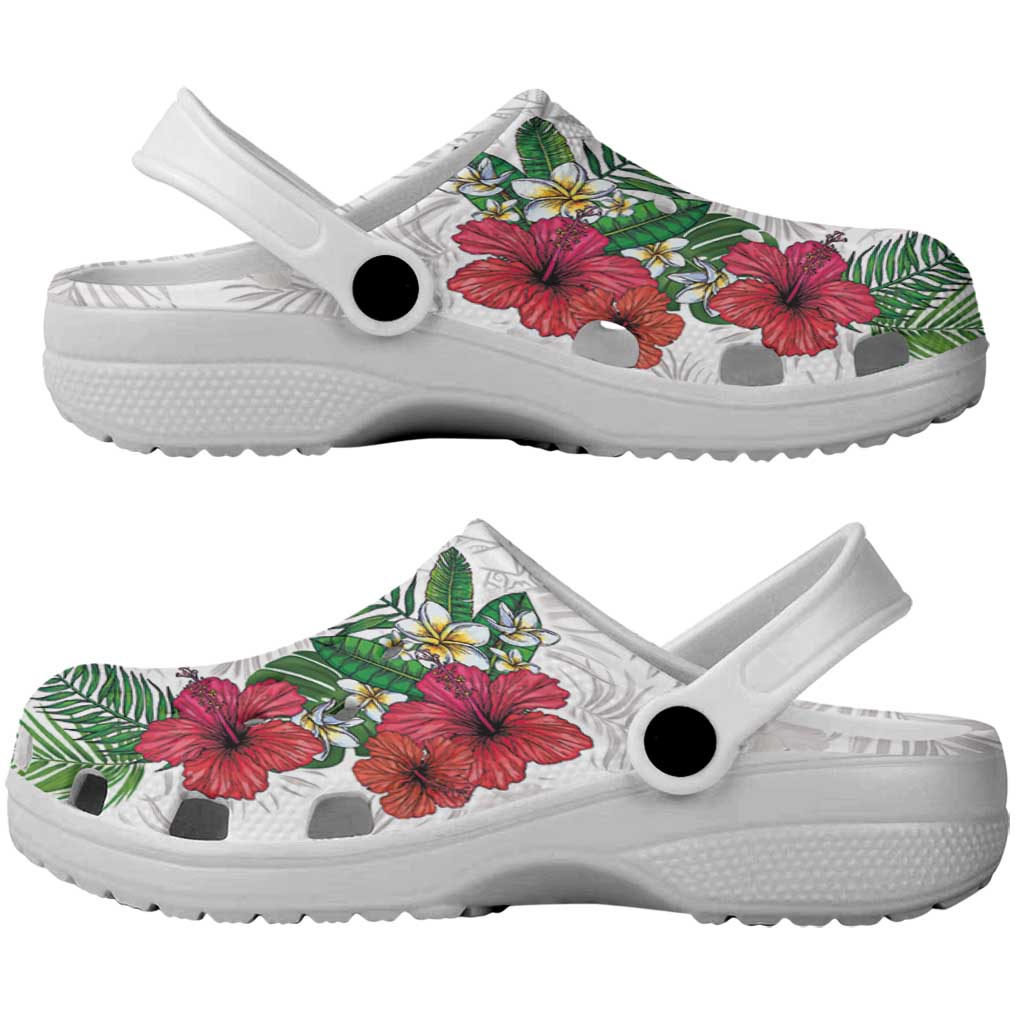 Hawaiian Tropical Plants Clogs Shoes Kakau Tattoo and Polynesian Pattern Half Black White LT03