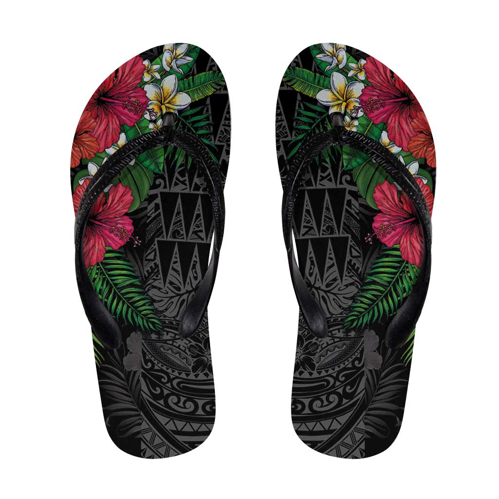 Hawaiian Tropical Plants Flip Flops Kakau Tattoo and Polynesian Pattern Half Black Color LT03 Black - Polynesian Pride
