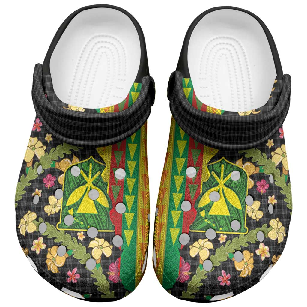 Hawaiian Tropical Plants Lei Clogs Shoes with Palaka Pattern and Kanaka Maoli Tribal Motifs - Polynesian Pride