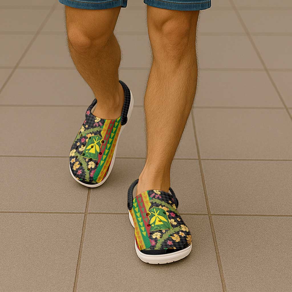 Hawaiian Tropical Plants Lei Clogs Shoes with Palaka Pattern and Kanaka Maoli Tribal Motifs - Polynesian Pride