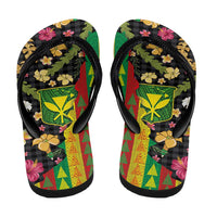 Hawaiian Tropical Plants Lei Flip Flops with Palaka Pattern and Kanaka Maoli Tribal Motifs - Polynesian Pride