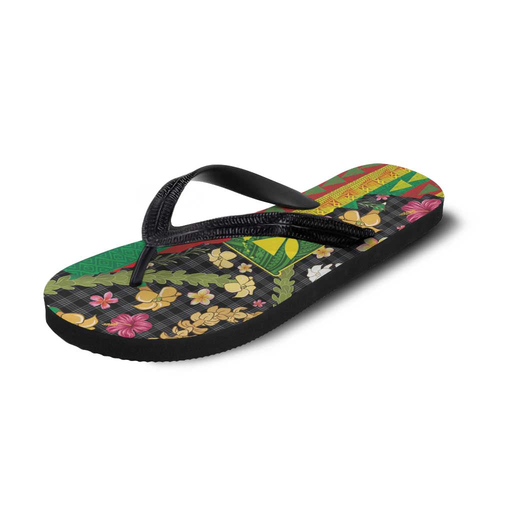 Hawaiian Tropical Plants Lei Flip Flops with Palaka Pattern and Kanaka Maoli Tribal Motifs - Polynesian Pride