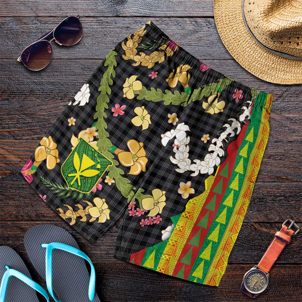 Hawaiian Tropical Plants Lei Shorts for Men with Palaka Pattern and Kanaka Maoli Tribal Motifs - Polynesian Pride