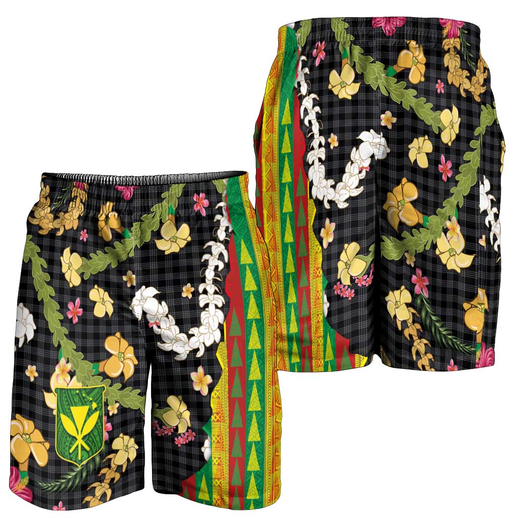 Hawaiian Tropical Plants Lei Shorts for Men with Palaka Pattern and Kanaka Maoli Tribal Motifs - Polynesian Pride