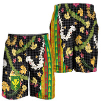 Hawaiian Tropical Plants Lei Shorts for Men with Palaka Pattern and Kanaka Maoli Tribal Motifs - Polynesian Pride