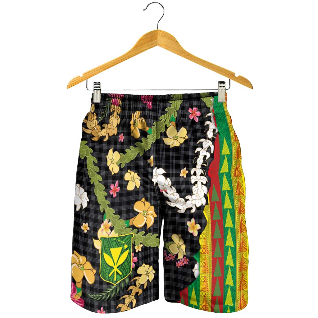 Hawaiian Tropical Plants Lei Shorts for Men with Palaka Pattern and Kanaka Maoli Tribal Motifs - Polynesian Pride