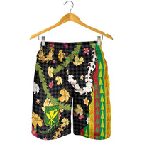Hawaiian Tropical Plants Lei Shorts for Men with Palaka Pattern and Kanaka Maoli Tribal Motifs - Polynesian Pride