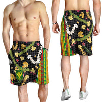Hawaiian Tropical Plants Lei Shorts for Men with Palaka Pattern and Kanaka Maoli Tribal Motifs - Polynesian Pride