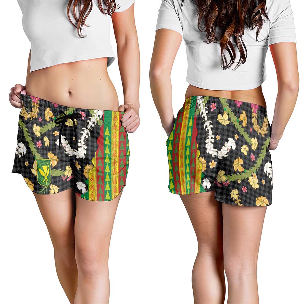 Hawaiian Tropical Plants Lei Shorts for Women Kanaka Maoli Tribal with Palaka Motifs - Polynesian Pride