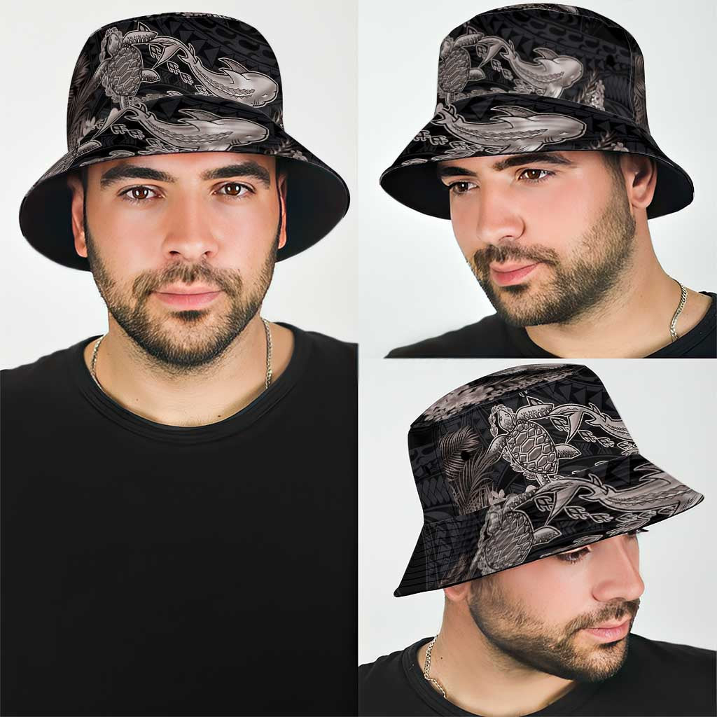 Hawaiian Tropical Plants Turtle and Shark Bucket Hat Polynesian Art Tattoo Grayscale Color LT03