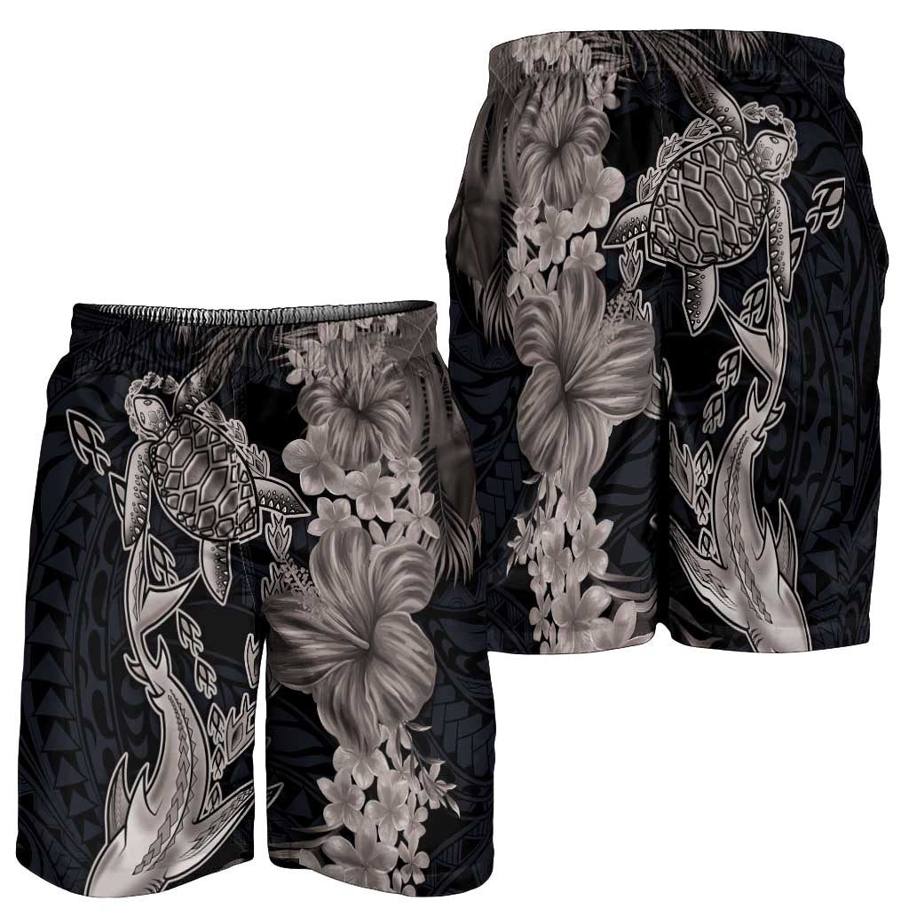 Hawaiian Tropical Plants Turtle and Shark Shorts for Men Polynesian Art Tattoo Grayscale Color - Polynesian Pride