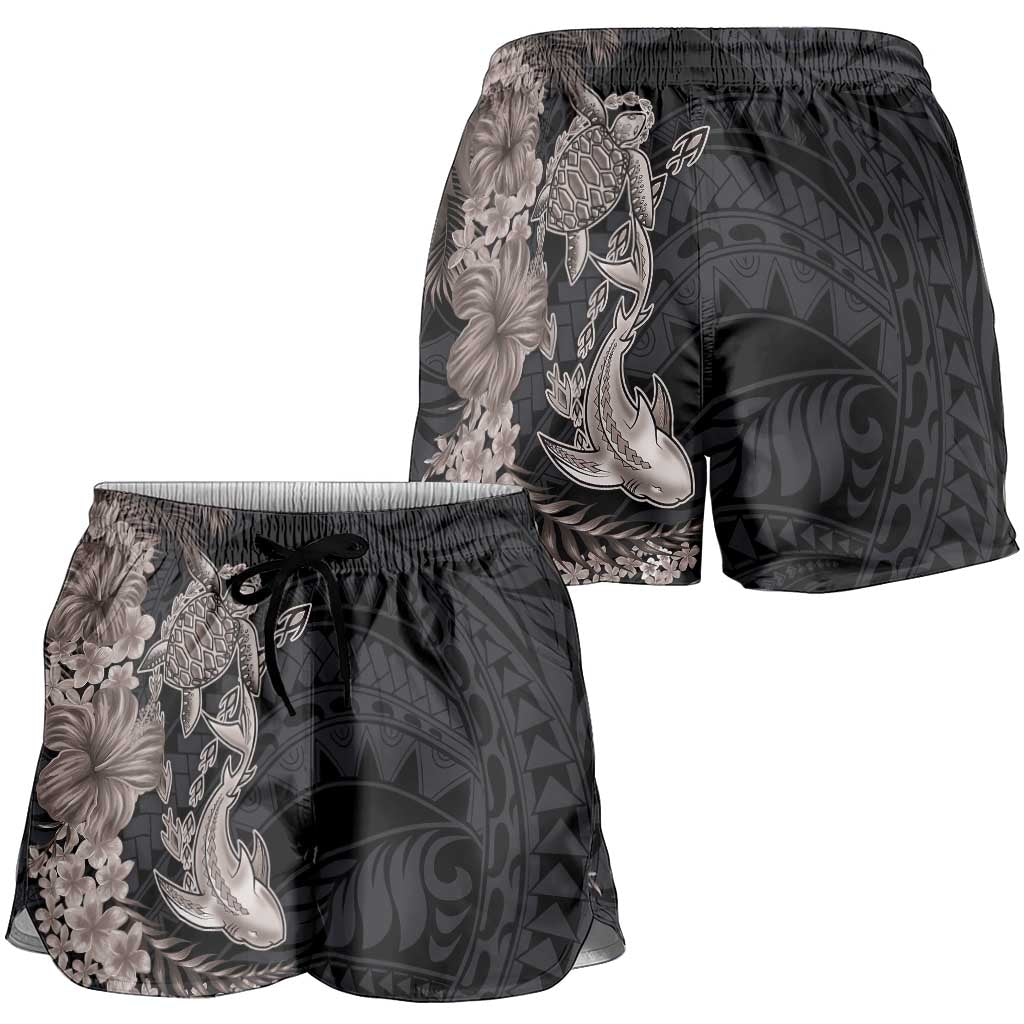 Hawaiian Tropical Plants Turtle and Shark Shorts for Women Polynesian Art Tattoo Grayscale Color - Polynesian Pride