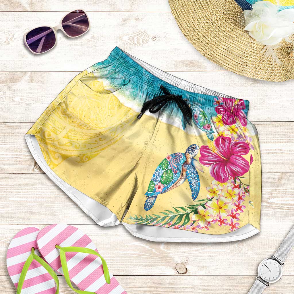 Hawaiian Tropical Plants Turtles Shorts for Women Watercolor Style - Polynesian Pride