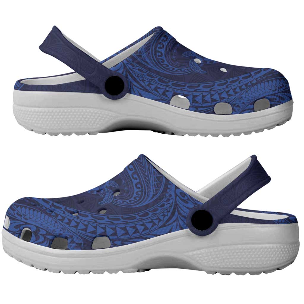 Hawaiian Turtle and Shark Clogs Shoes Kakau Tribal with Polynesian Pattern Blue Color