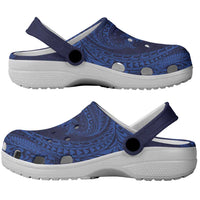 Hawaiian Turtle and Shark Clogs Shoes Kakau Tribal with Polynesian Pattern Blue Color