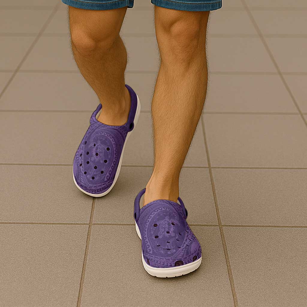 Hawaiian Turtle and Shark Clogs Shoes Kakau Tribal with Polynesian Pattern Purple Color