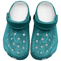 Hawaiian Turtle and Shark Clogs Shoes Kakau Tribal with Polynesian Pattern Turquoise Color