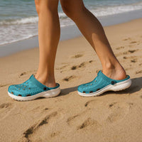 Hawaiian Turtle and Shark Clogs Shoes Kakau Tribal with Polynesian Pattern Turquoise Color