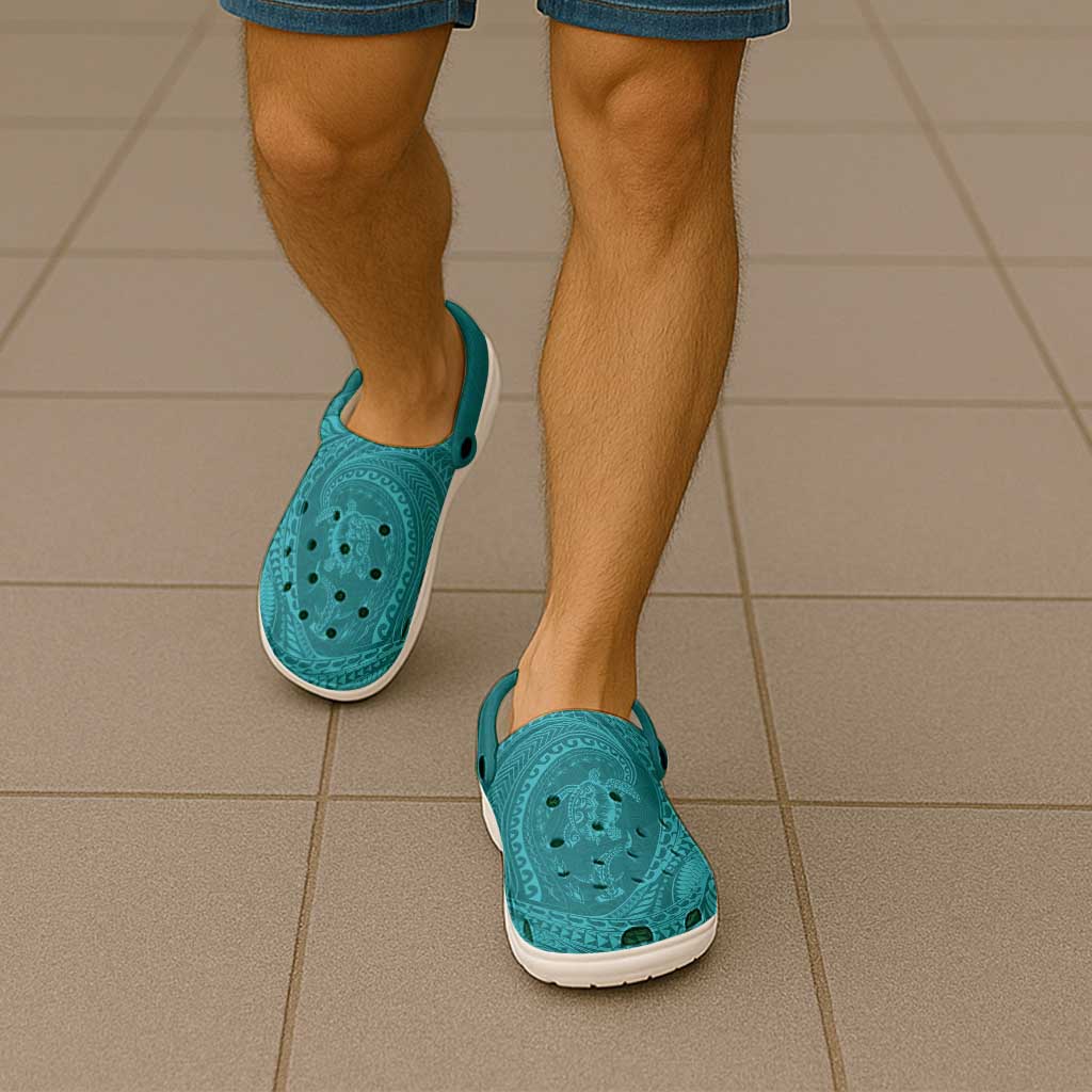Hawaiian Turtle and Shark Clogs Shoes Kakau Tribal with Polynesian Pattern Turquoise Color