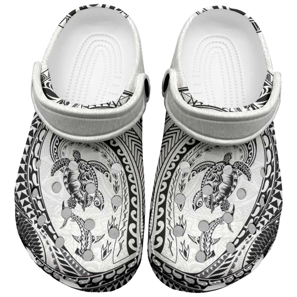 Hawaiian Turtle and Shark Clogs Shoes Kakau Tribal with Polynesian Pattern White Color