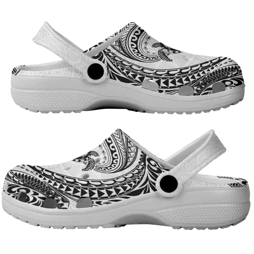 Hawaiian Turtle and Shark Clogs Shoes Kakau Tribal with Polynesian Pattern White Color