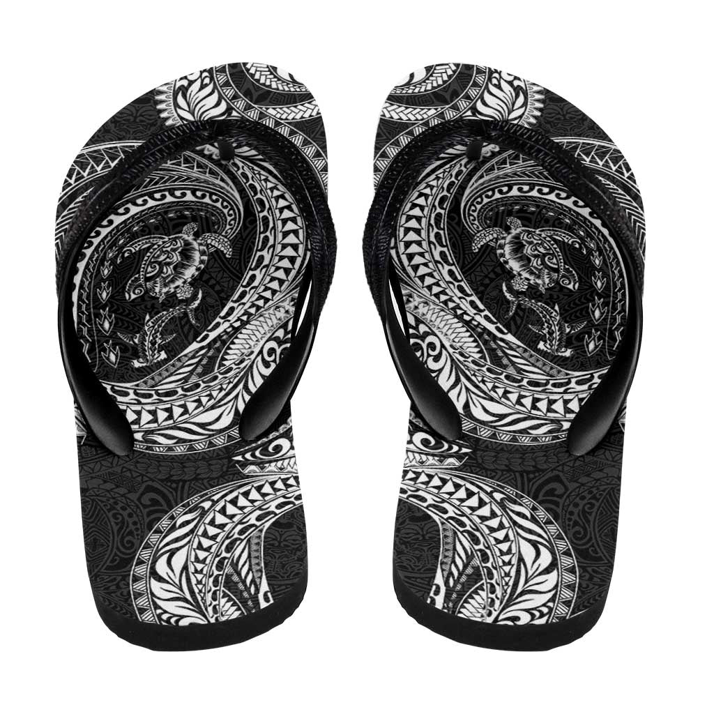 Hawaiian Turtle and Shark Flip Flops Kakau Tribal with Polynesian Pattern Black Color