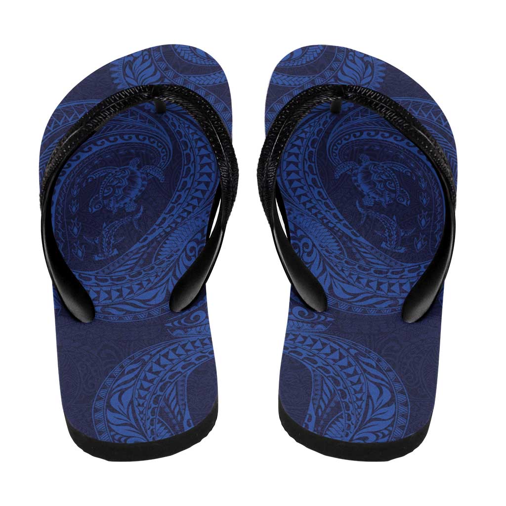 Hawaiian Turtle and Shark Flip Flops Kakau Tribal with Polynesian Pattern Blue Color
