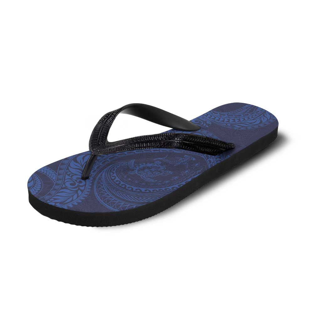 Hawaiian Turtle and Shark Flip Flops Kakau Tribal with Polynesian Pattern Blue Color