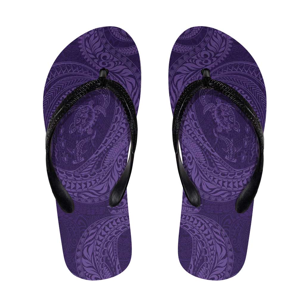 Hawaiian Turtle and Shark Flip Flops Kakau Tribal with Polynesian Pattern Purple Color