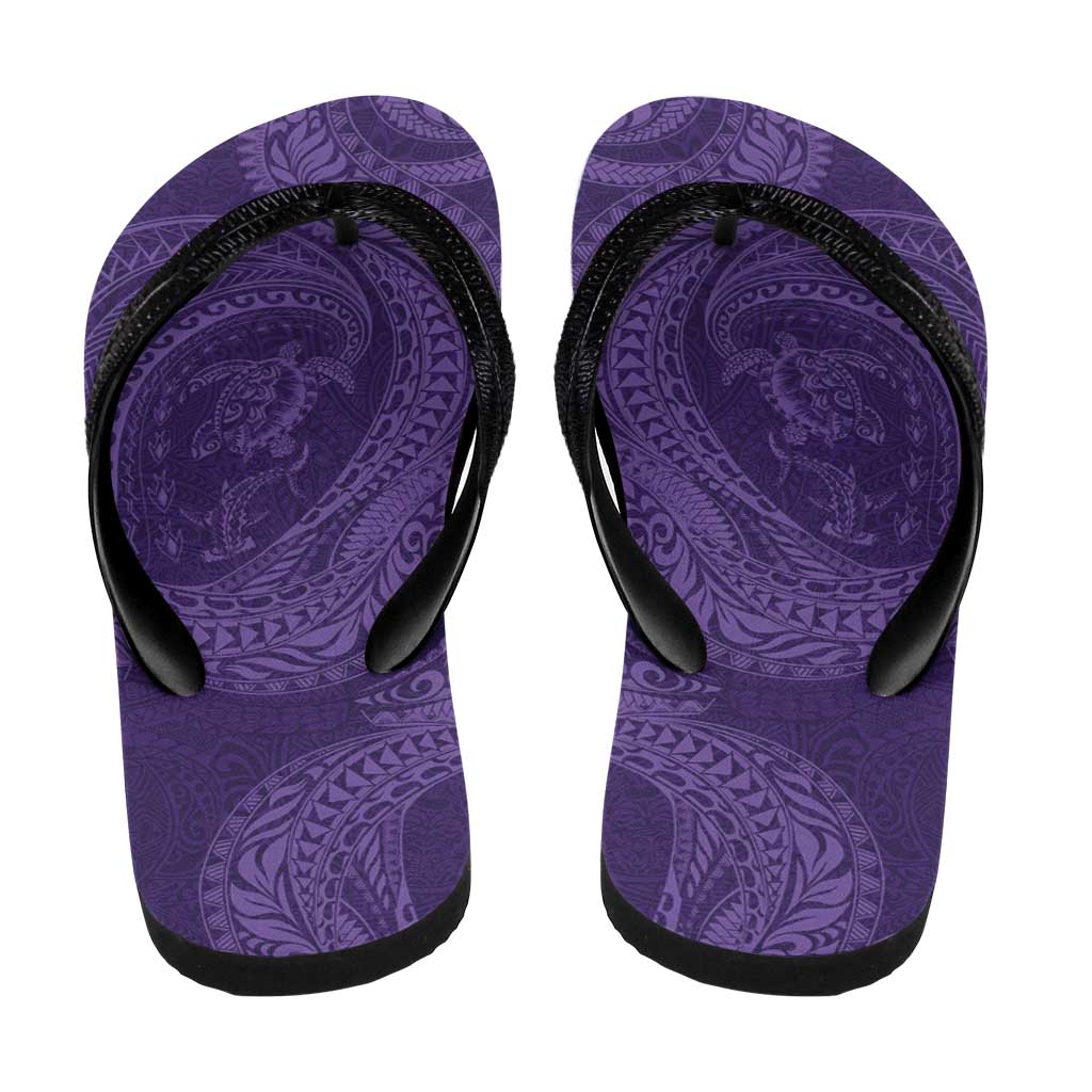 Hawaiian Turtle and Shark Flip Flops Kakau Tribal with Polynesian Pattern Purple Color