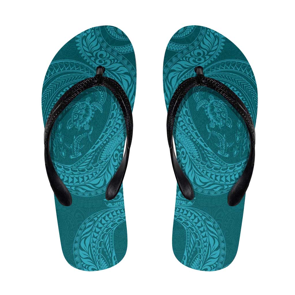 Hawaiian Turtle and Shark Flip Flops Kakau Tribal with Polynesian Pattern Turquoise Color